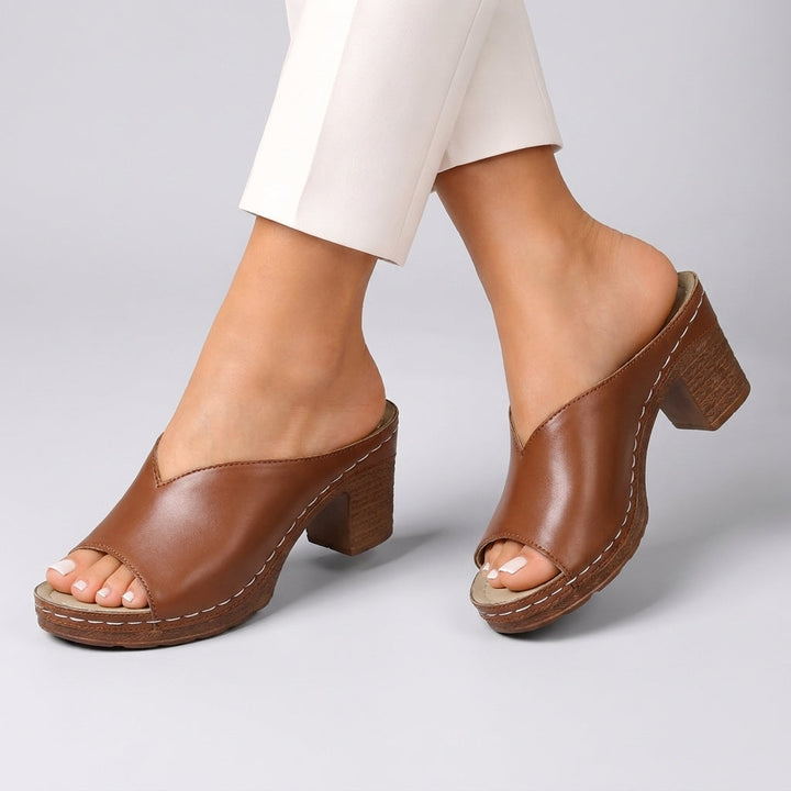 Mules à talon femme en cuir à talon bloc bout ouvert pour l'été à enfiler