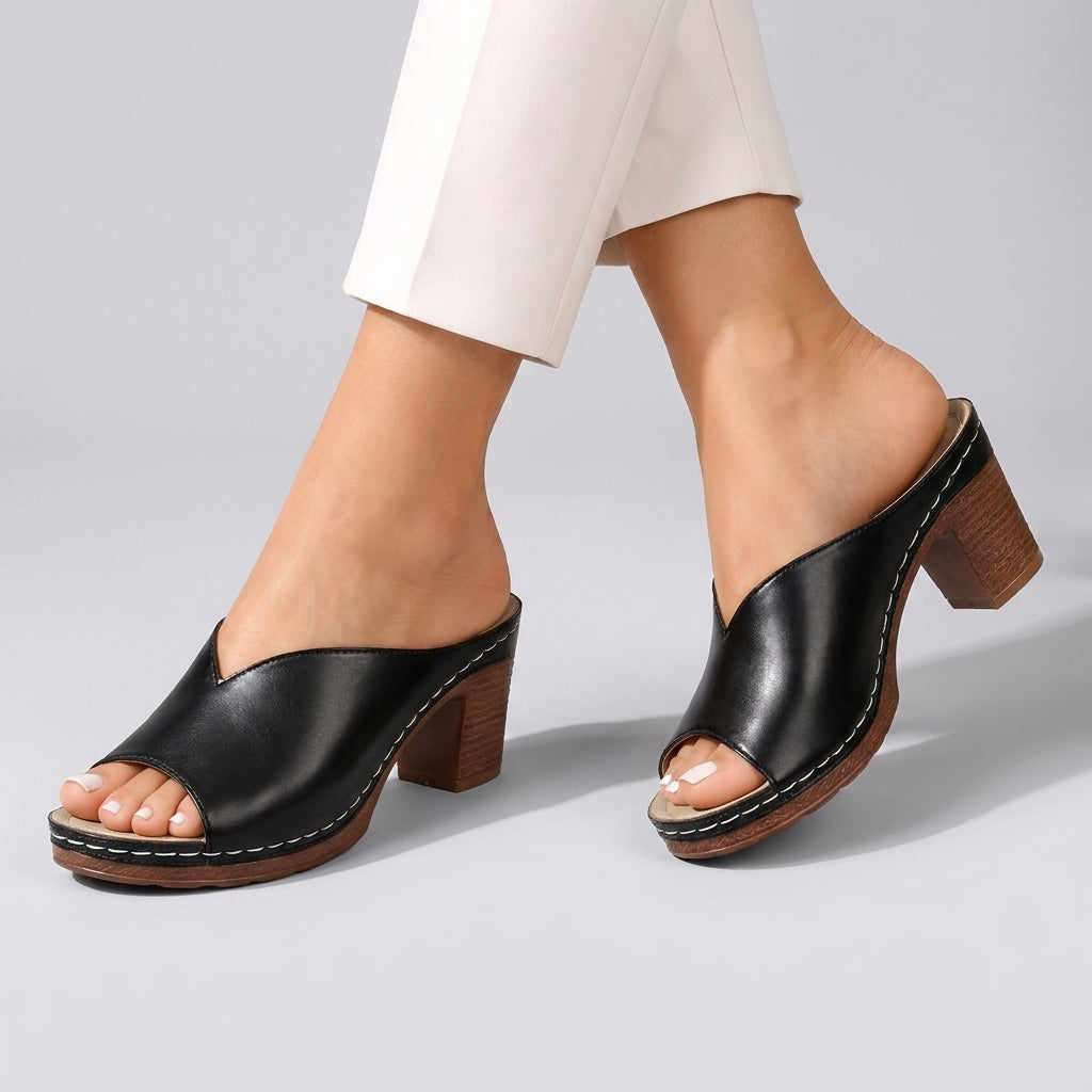 Mules à talon femme en cuir à talon bloc bout ouvert pour l'été à enfiler