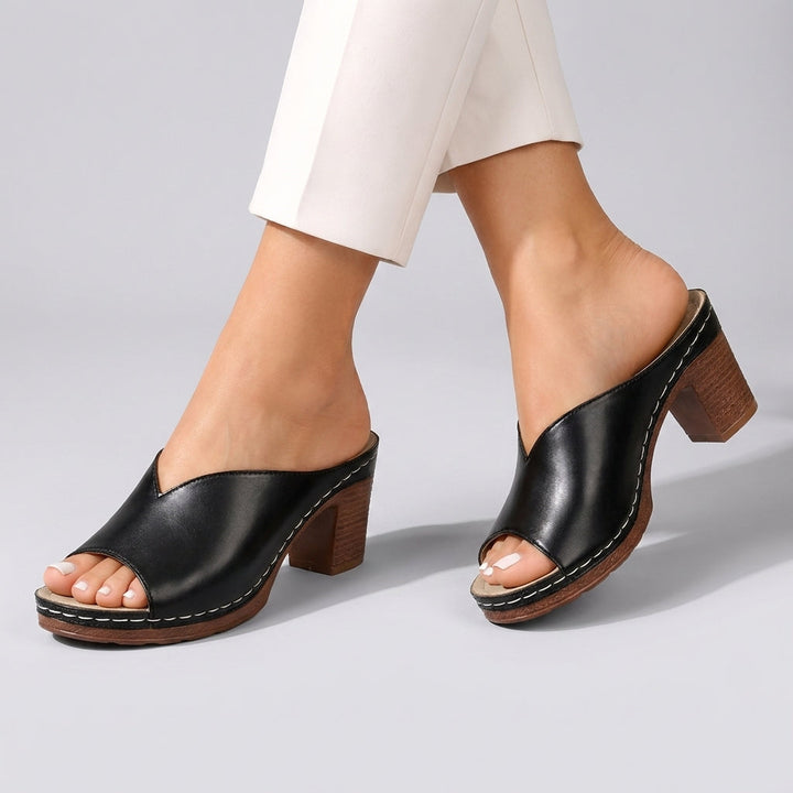 Mules à talon femme en cuir à talon bloc bout ouvert pour l'été à enfiler