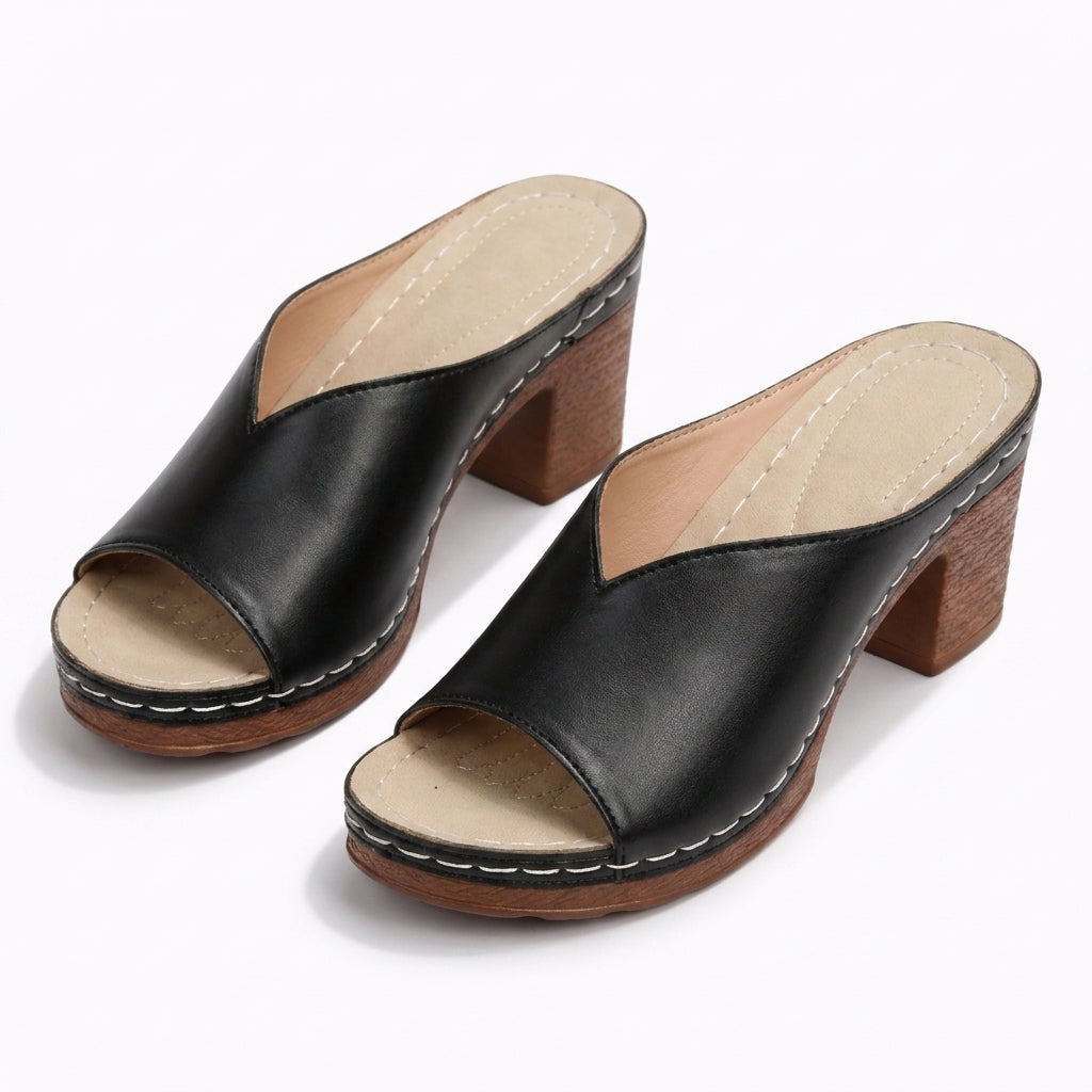 Mules à talon femme en cuir à talon bloc bout ouvert pour l'été à enfiler