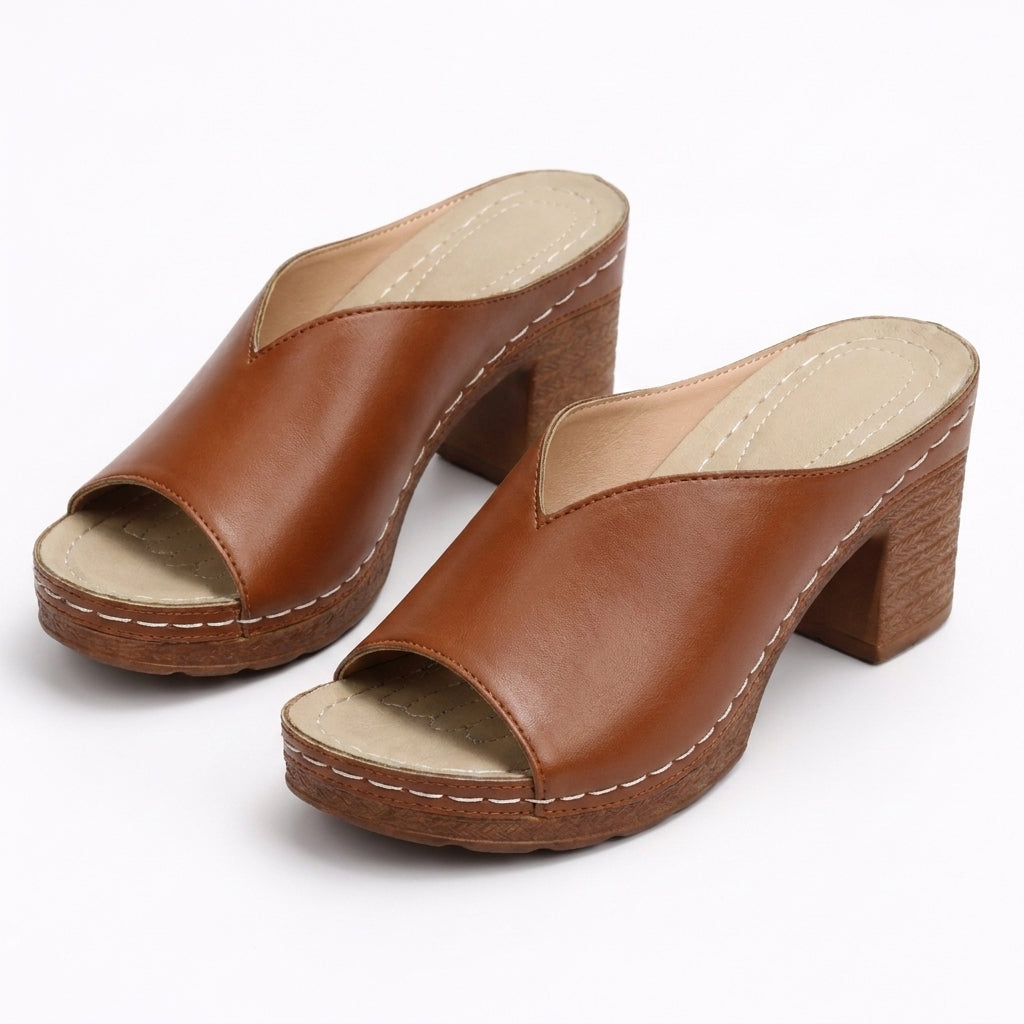 Mules à talon femme en cuir à talon bloc bout ouvert pour l'été à enfiler