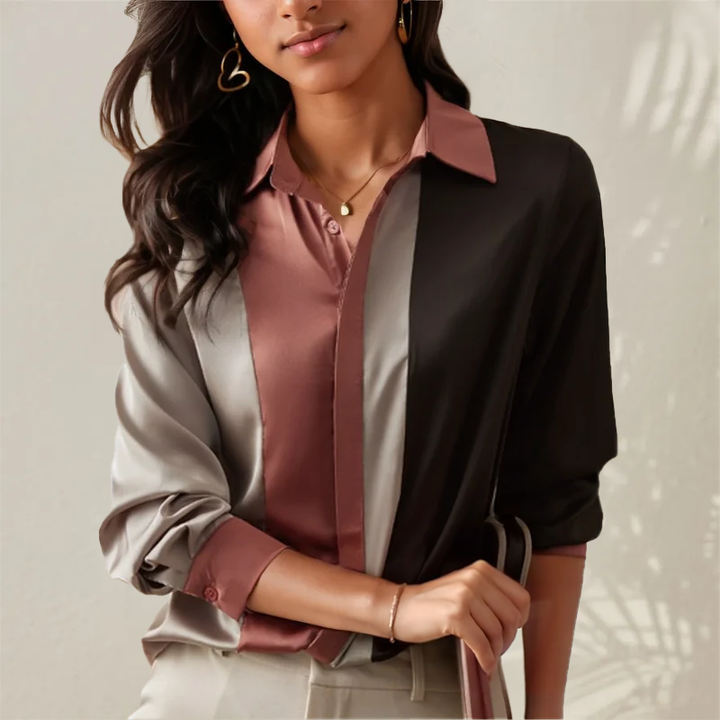 Cora - Blusa de otoño de satén a rayas y patchwork para mujer