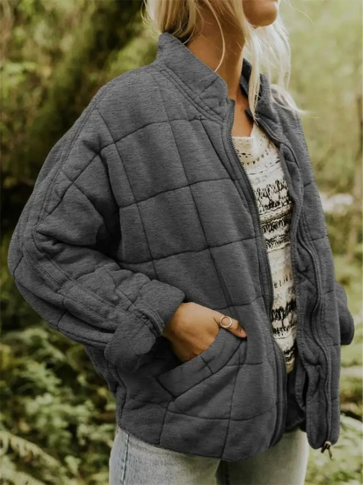 Veste matelassée femme zippée à col montant et poches, veste légère et chaude pour l’automne