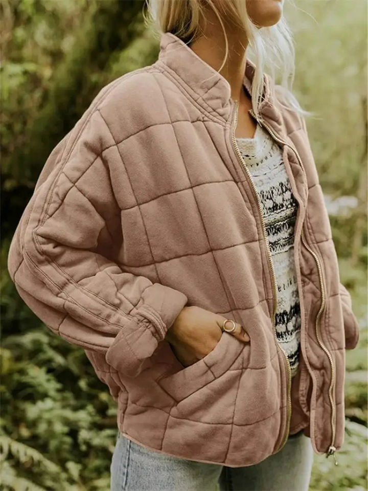 Veste matelassée femme zippée à col montant et poches, veste légère et chaude pour l’automne