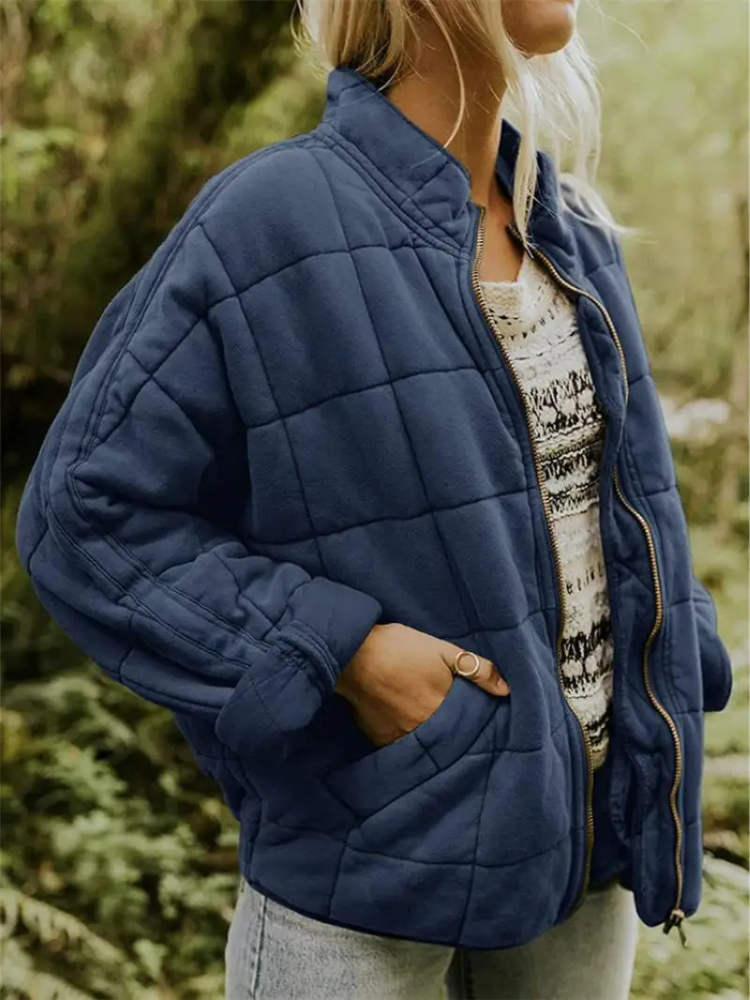 Veste matelassée femme zippée à col montant et poches, veste légère et chaude pour l’automne