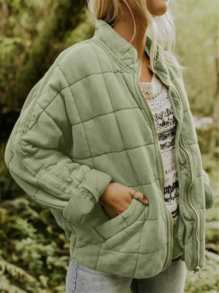 Veste matelassée femme zippée à col montant et poches, veste légère et chaude pour l’automne