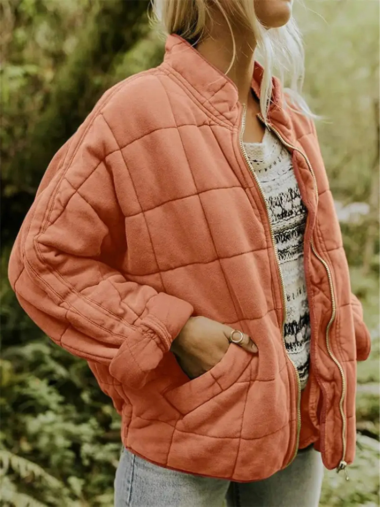 Veste matelassée femme zippée à col montant et poches, veste légère et chaude pour l’automne