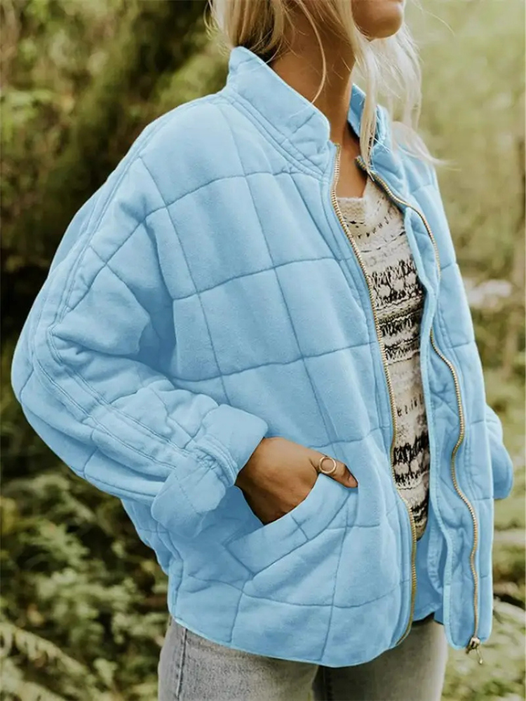 Veste matelassée femme zippée à col montant et poches, veste légère et chaude pour l’automne
