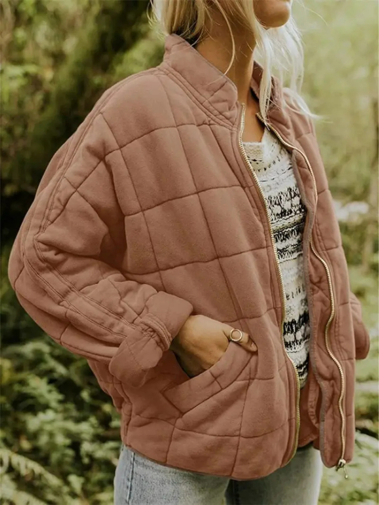 Veste matelassée femme zippée à col montant et poches, veste légère et chaude pour l’automne