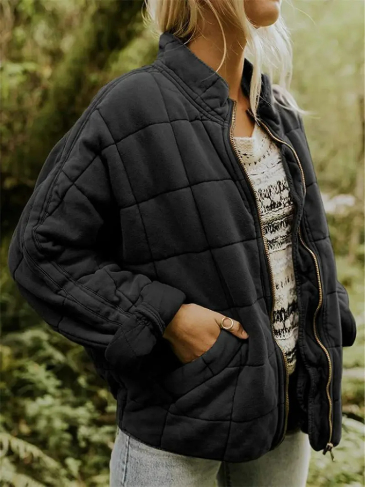 Veste matelassée femme zippée à col montant et poches, veste légère et chaude pour l’automne