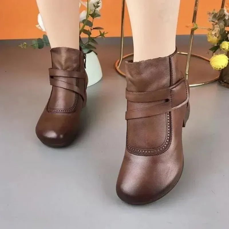 Bottines femme à talon bas en similicuir avec boucle, boots confortables pour l’automne