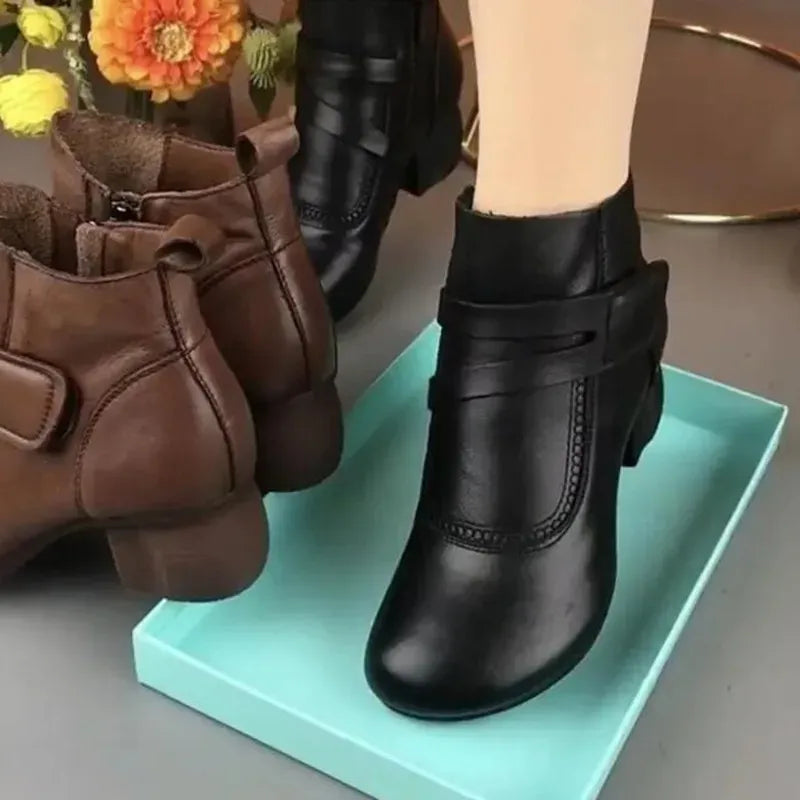 Bottines femme à talon bas en similicuir avec boucle, boots confortables pour l’automne