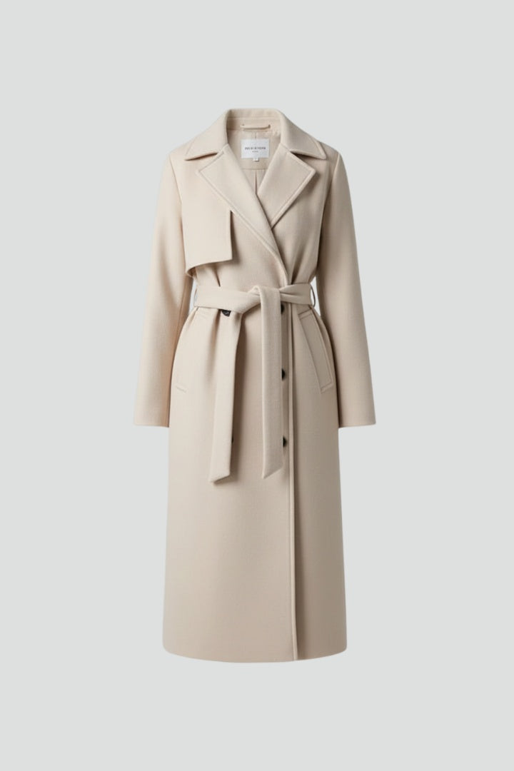 Long wool coat for women, tie-waist with a belt, for autumn