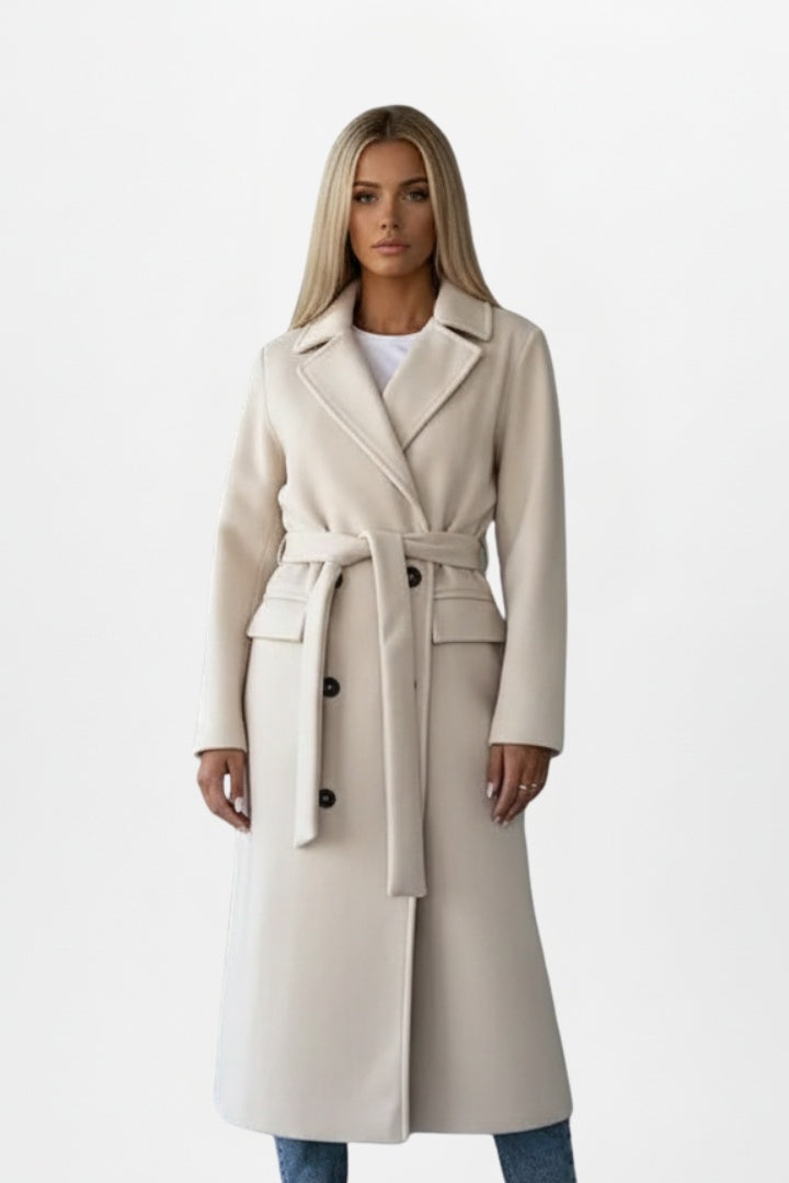 Long wool coat for women, tie-waist with a belt, for autumn