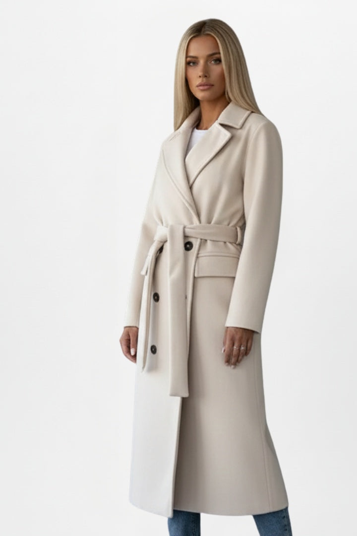 Long wool coat for women, tie-waist with a belt, for autumn