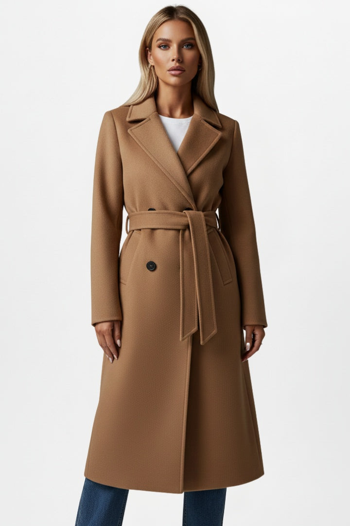 Long wool coat for women, tie-waist with a belt, for autumn