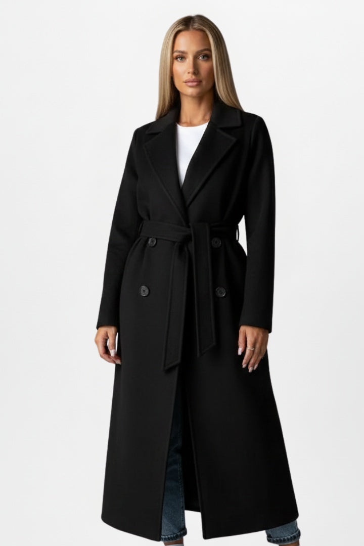 Long wool coat for women, tie-waist with a belt, for autumn