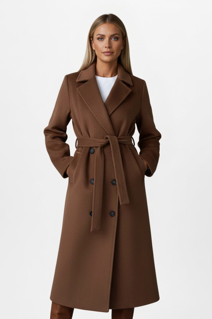 Long wool coat for women, tie-waist with a belt, for autumn