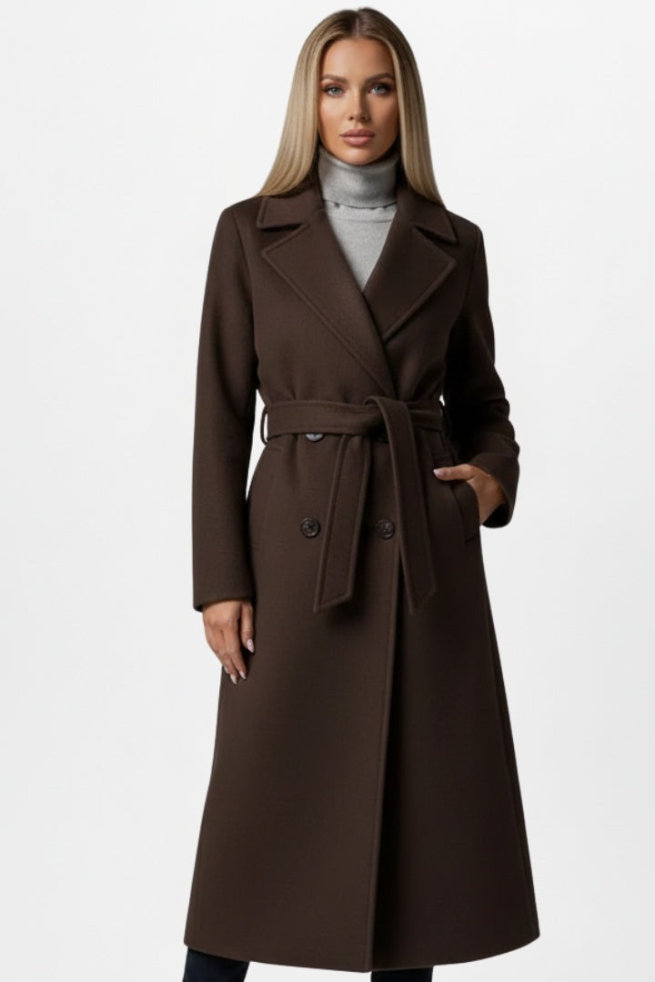 Long wool coat for women, tie-waist with a belt, for autumn
