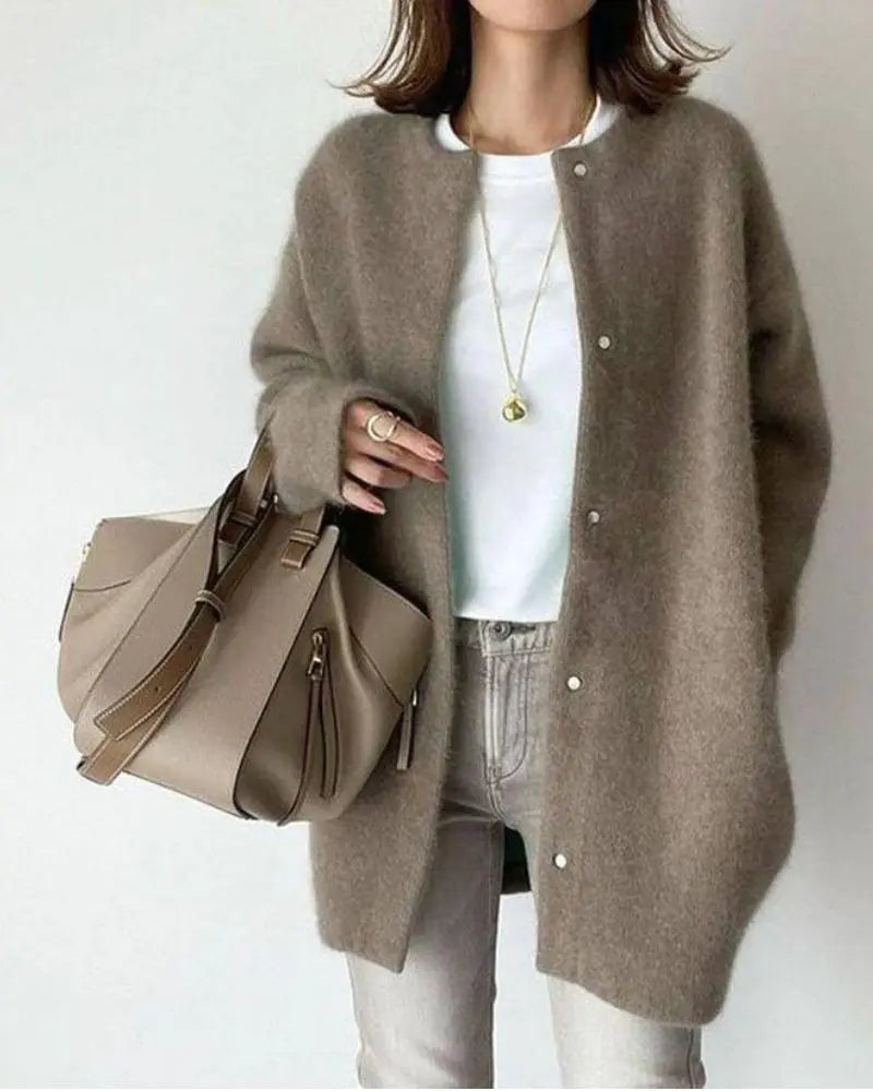 Cardigan chaud pour femme en laine et mohair à coupe longue pour l'automne et l'hiver