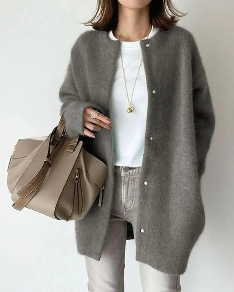 Cardigan chaud pour femme en laine et mohair à coupe longue pour l'automne et l'hiver