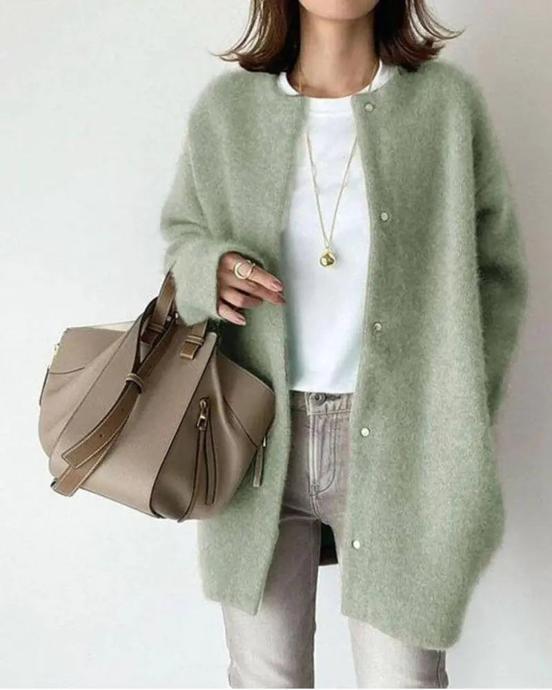 Cardigan chaud pour femme en laine et mohair à coupe longue pour l'automne et l'hiver