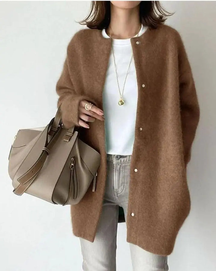 Cardigan chaud pour femme en laine et mohair à coupe longue pour l'automne et l'hiver