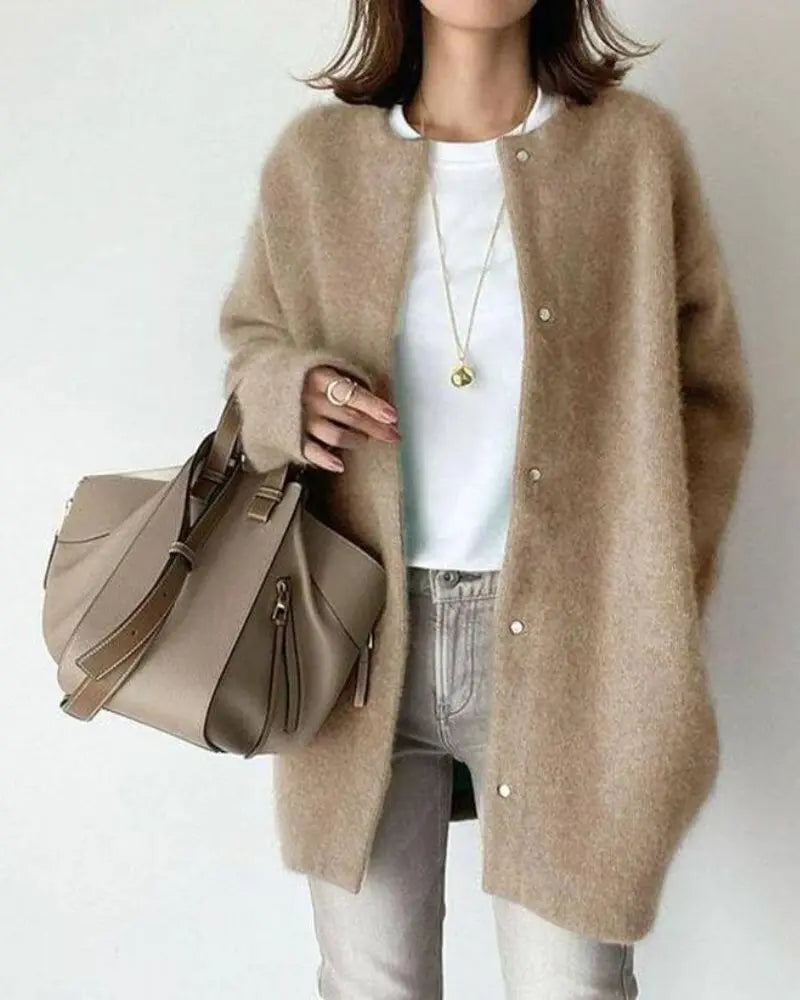 Cardigan chaud pour femme en laine et mohair à coupe longue pour l'automne et l'hiver