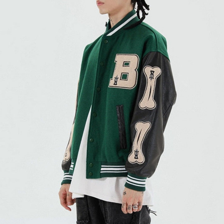 Chaqueta varsity de béisbol de forro polar con cuero sintético para mujer, para otoño