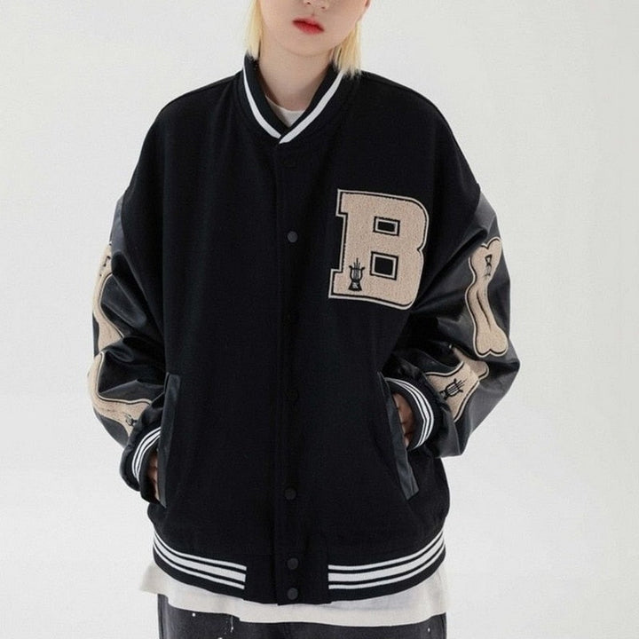 Chaqueta varsity de béisbol de forro polar con cuero sintético para mujer, para otoño
