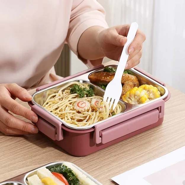 Boîte à repas en acier inoxydable à 3 compartiments, étanche et isotherme, pour le travail et l'école
