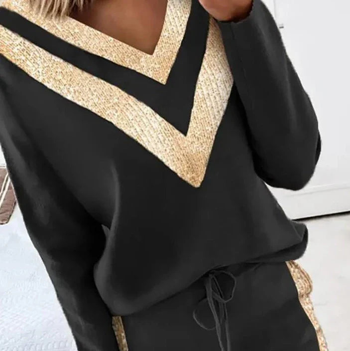 Joggings elegant negru cu accente aurii pentru femei - Claire