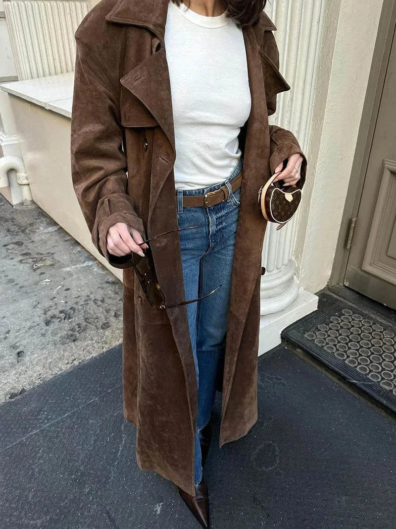 Trench-coat pour femme avec ceinture et revers, manteau élégant pour les journées d'automne plus fraîches