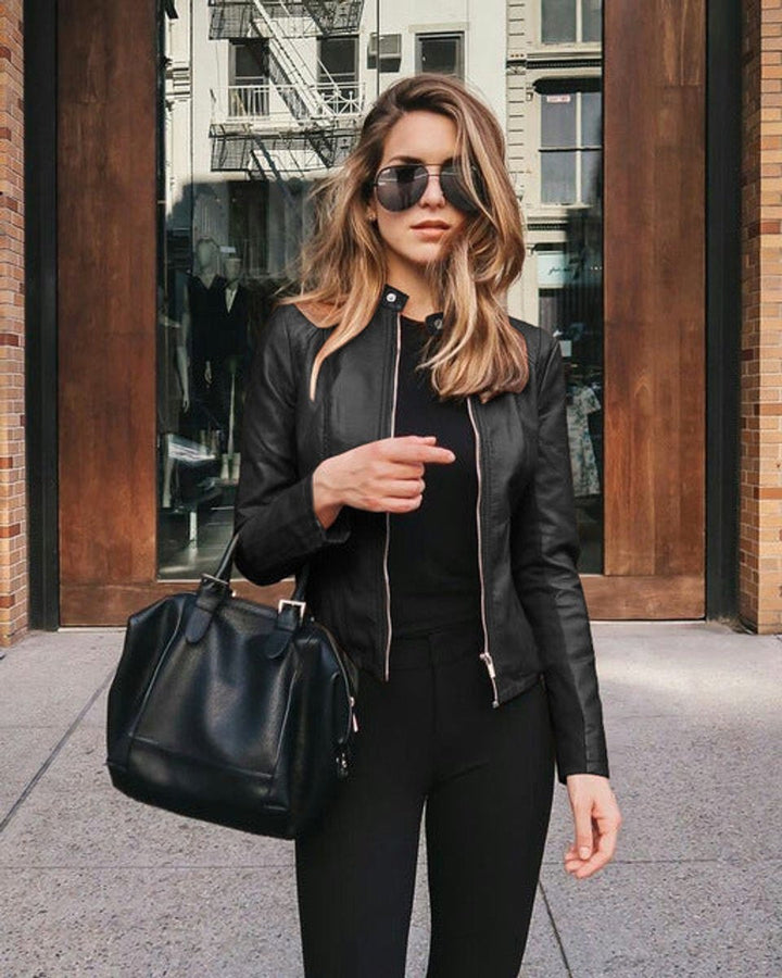 Chaqueta perfecto entallada de cuero sintético para mujer para otoño