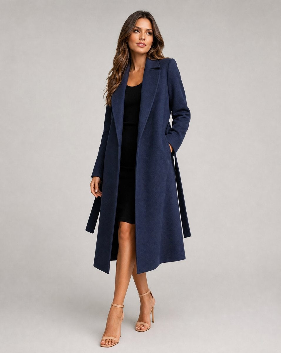 Abrigo largo de lana para mujer, estilo gabardina de paño de lana con cinturón, otoño