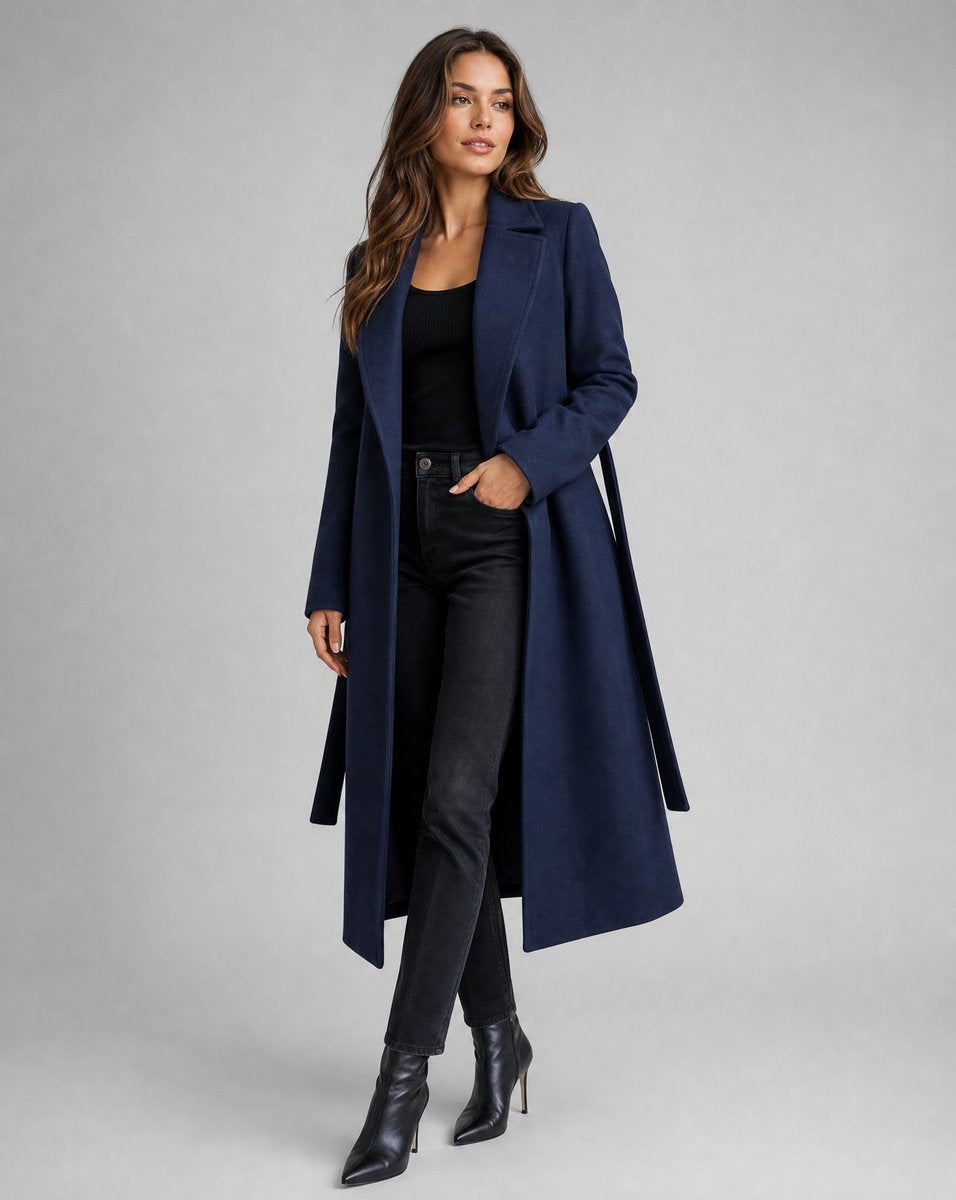 Abrigo largo de lana para mujer, estilo gabardina de paño de lana con cinturón, otoño