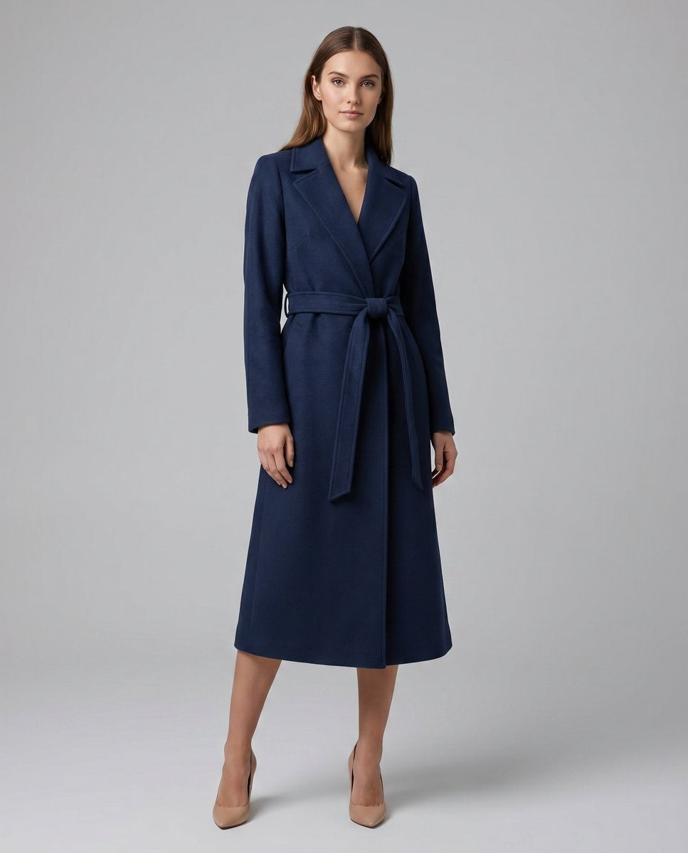 Abrigo largo de lana para mujer, estilo gabardina de paño de lana con cinturón, otoño