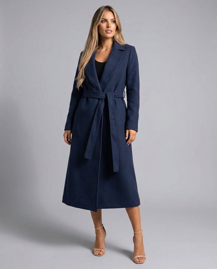Abrigo largo de lana para mujer, estilo gabardina de paño de lana con cinturón, otoño