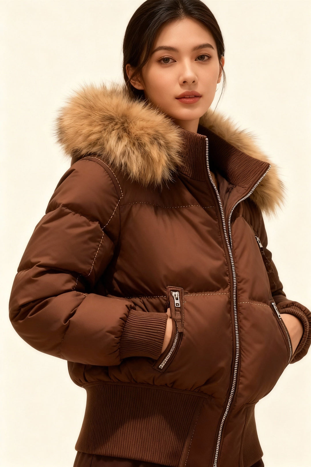 Chaqueta corta acolchada para mujer con capucha ribeteada de piel, abrigada para el invierno