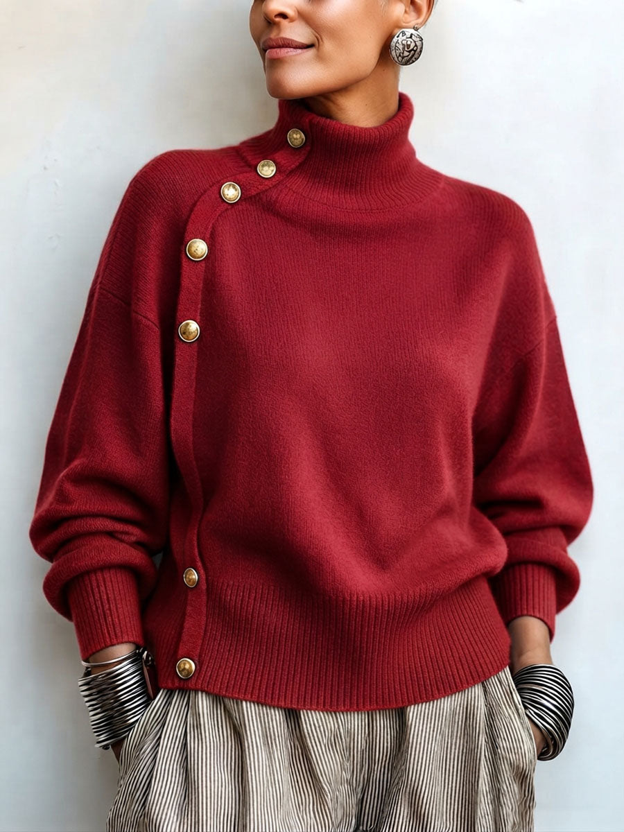 Pull col roulé femme en maille à boutons asymétriques, pull ample et chaud pour l’automne