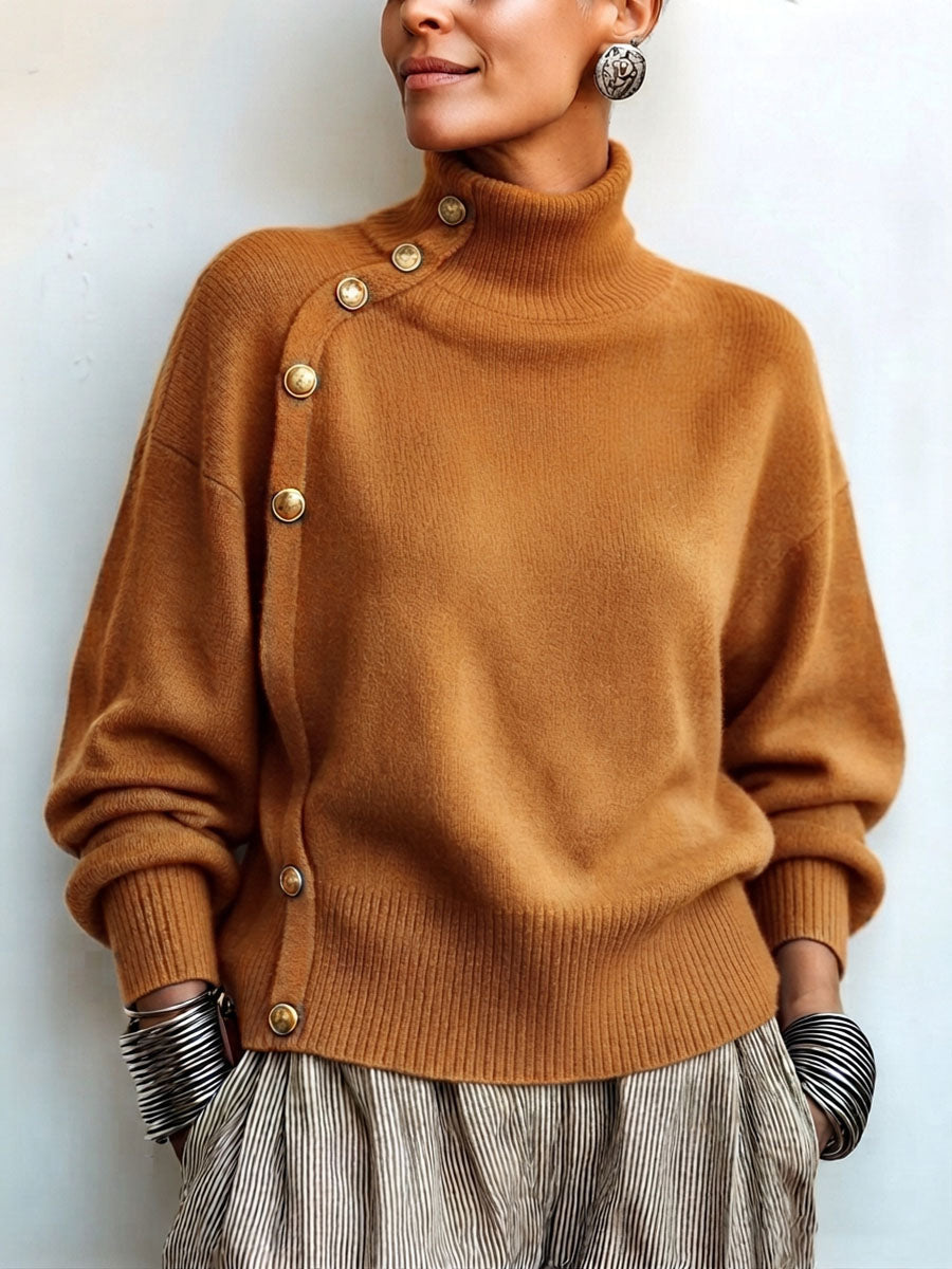 Pull col roulé femme en maille à boutons asymétriques, pull ample et chaud pour l’automne