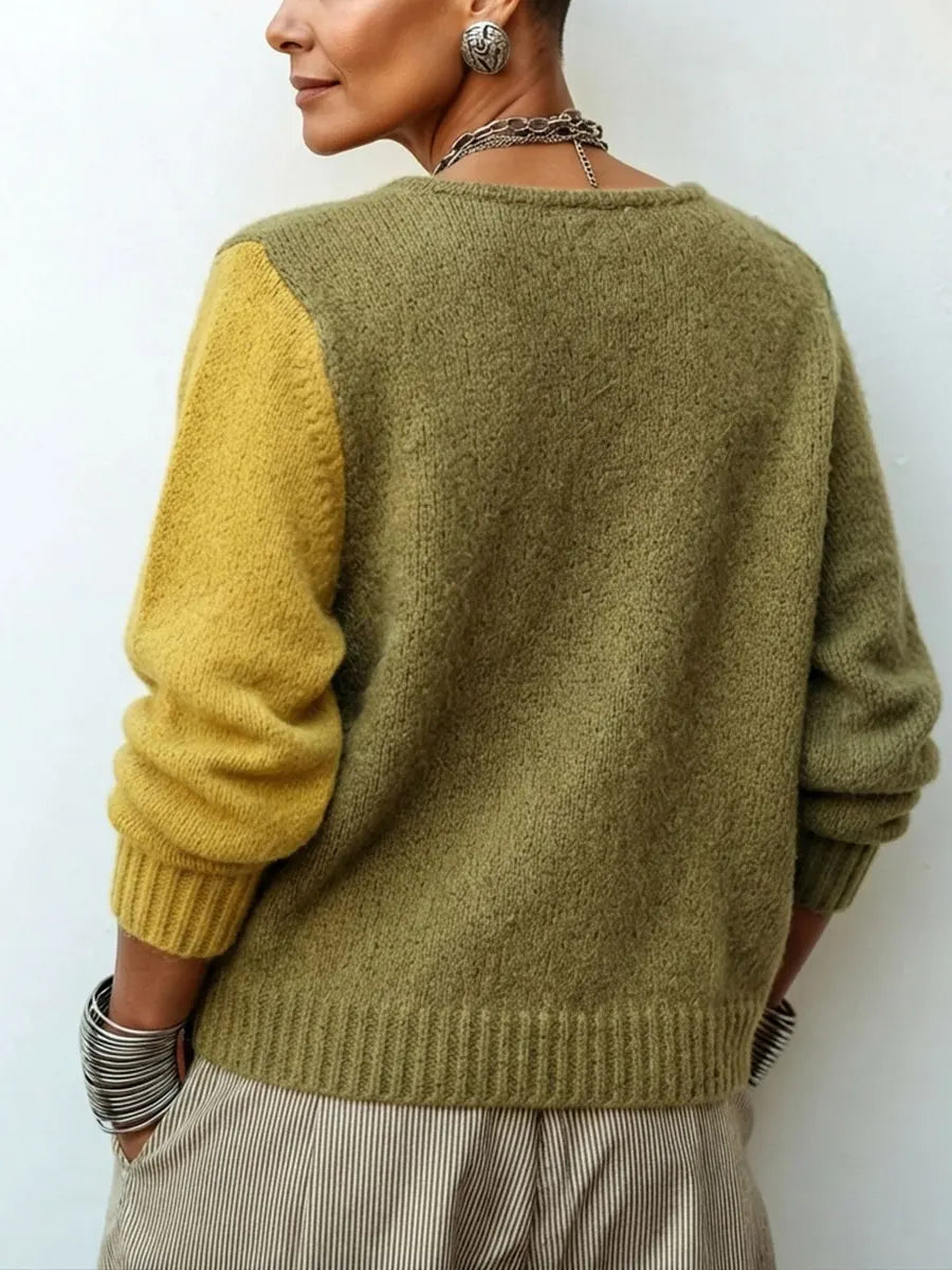 Pull femme en maille patchwork à boutons asymétriques, pull ample et confortable pour l’automne