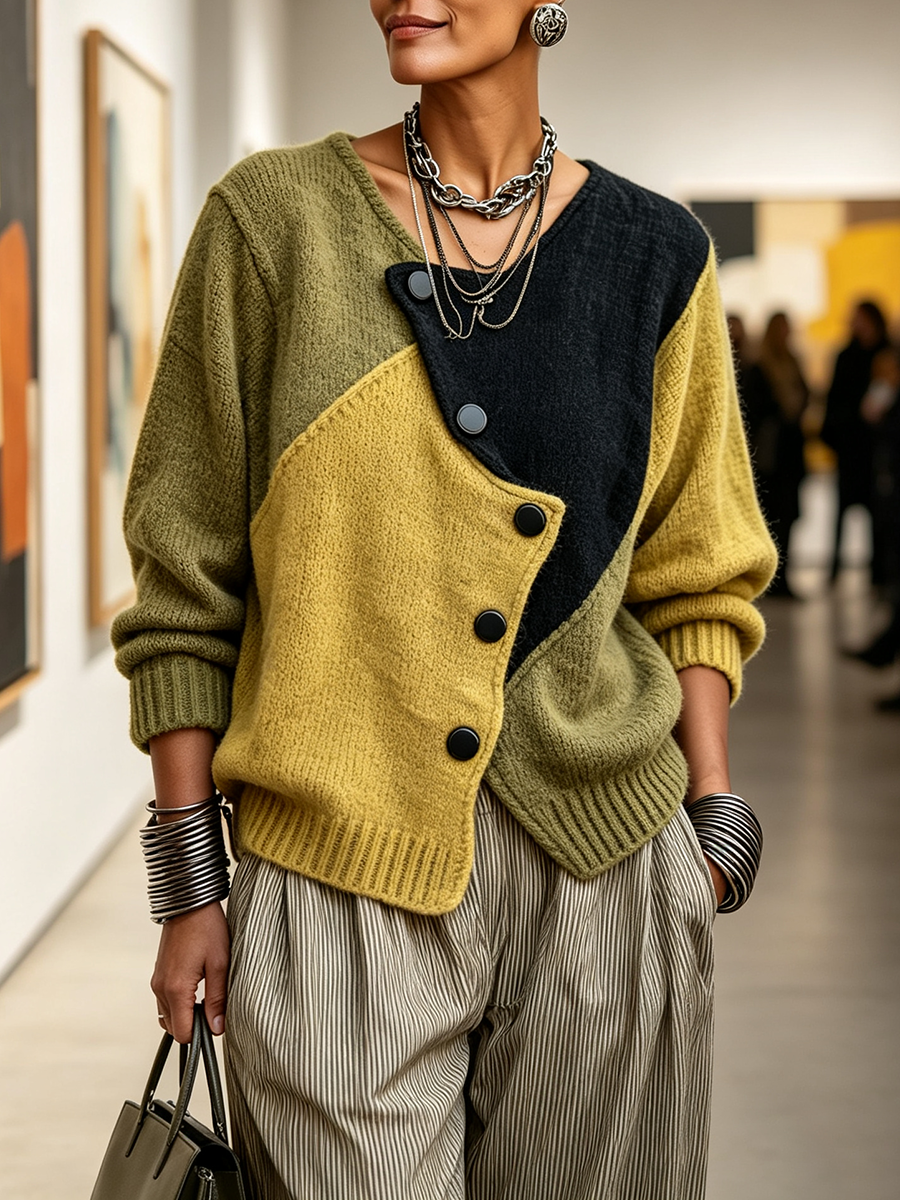 Pull femme en maille patchwork à boutons asymétriques, pull ample et confortable pour l’automne