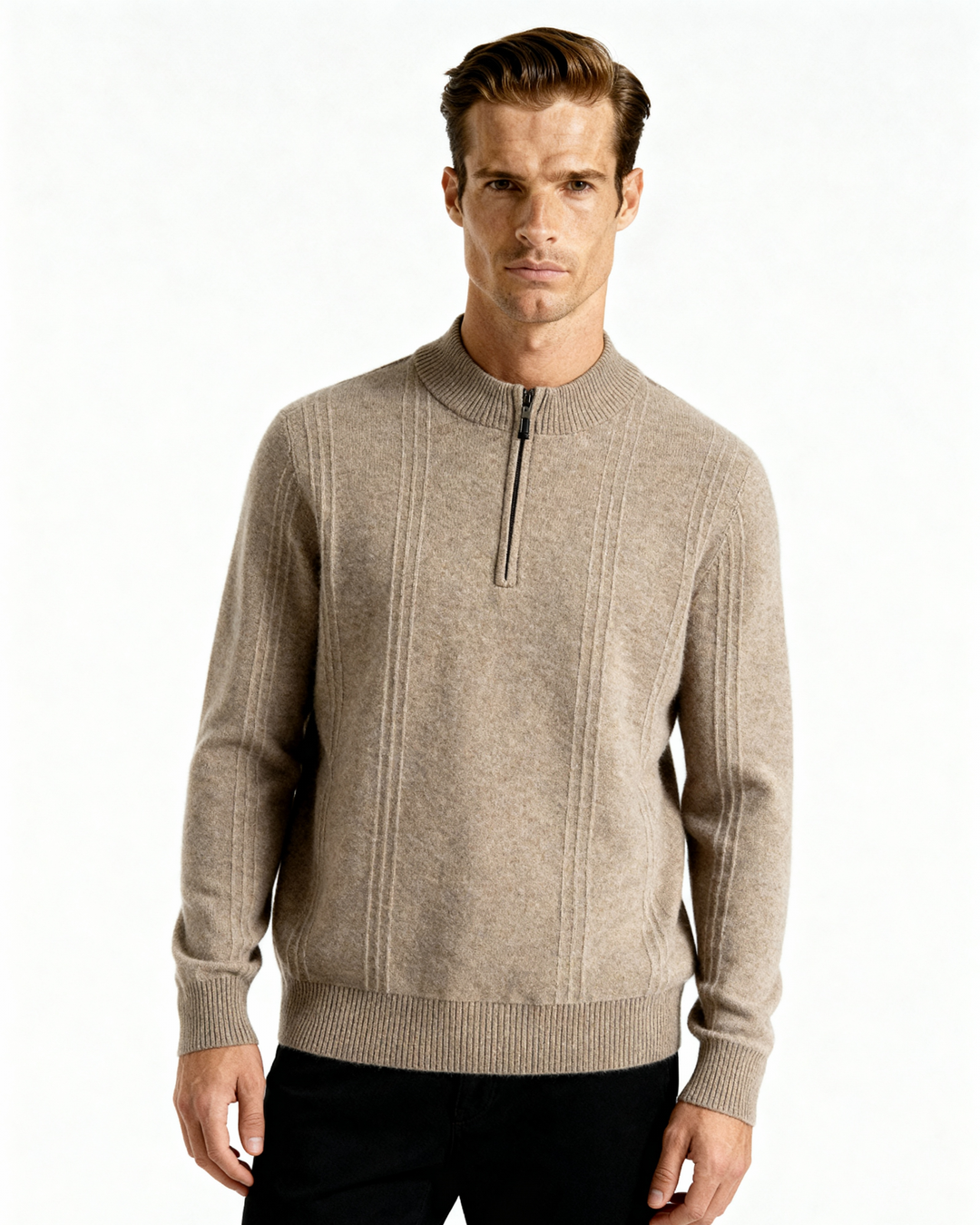 Men’s ribbed cashmere sweater with a stand-up collar and zipper, for autumn
