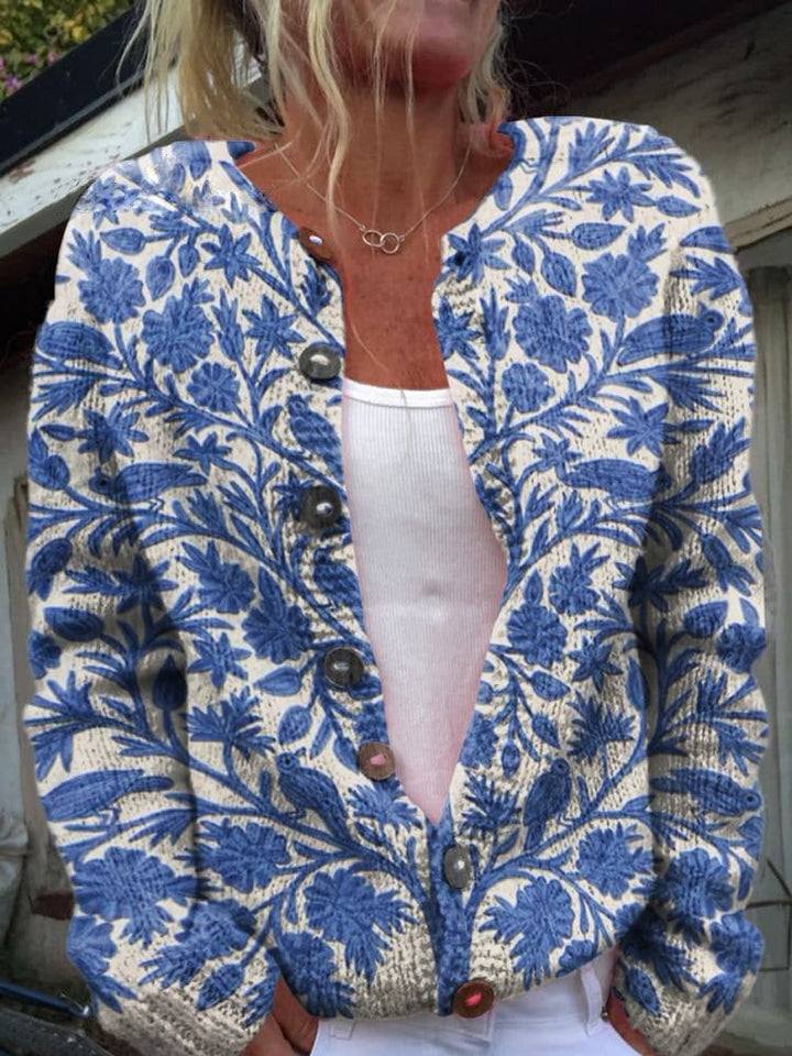 Cardigan femme boutonné en laine à motifs floraux, pull d’automne