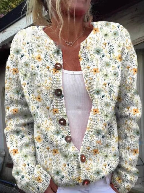 Cardigan femme boutonné en laine à motifs floraux, pull d’automne