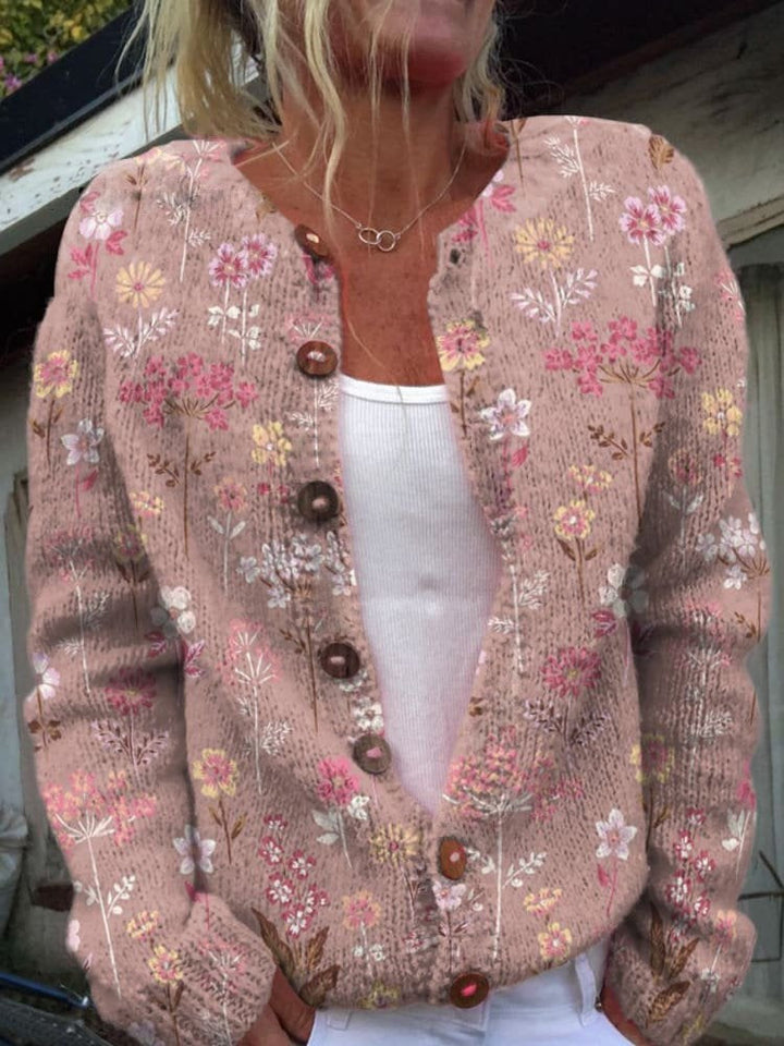 Cardigan femme boutonné en laine à motifs floraux, pull d’automne