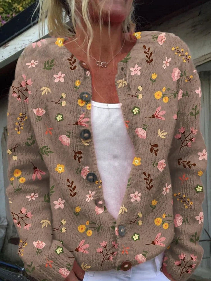 Cardigan femme boutonné en laine à motifs floraux, pull d’automne