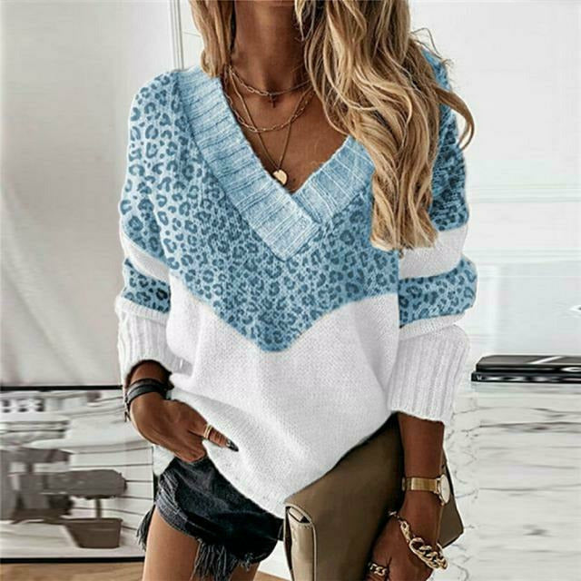 Pull pour femme en maille patchwork à motif léopard pour l’automne et l’hiver