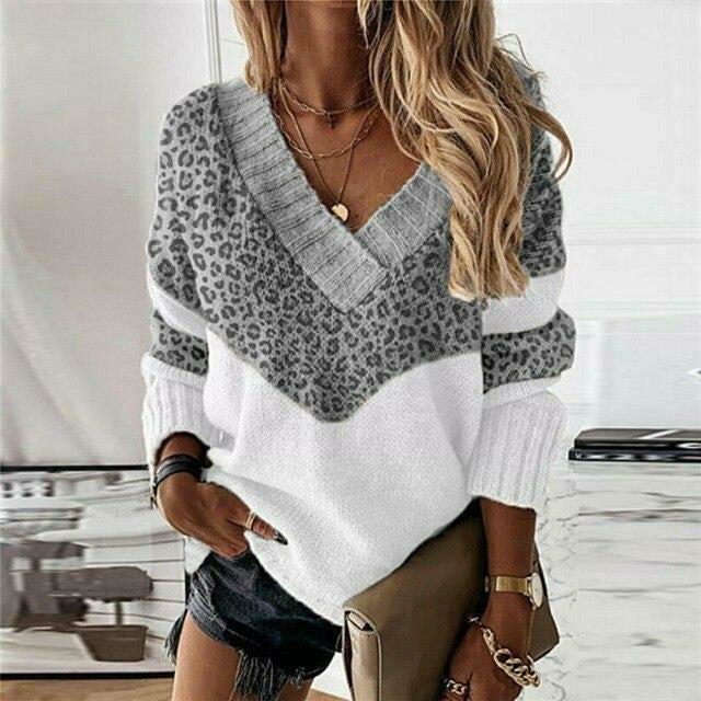 Pull pour femme en maille patchwork à motif léopard pour l’automne et l’hiver
